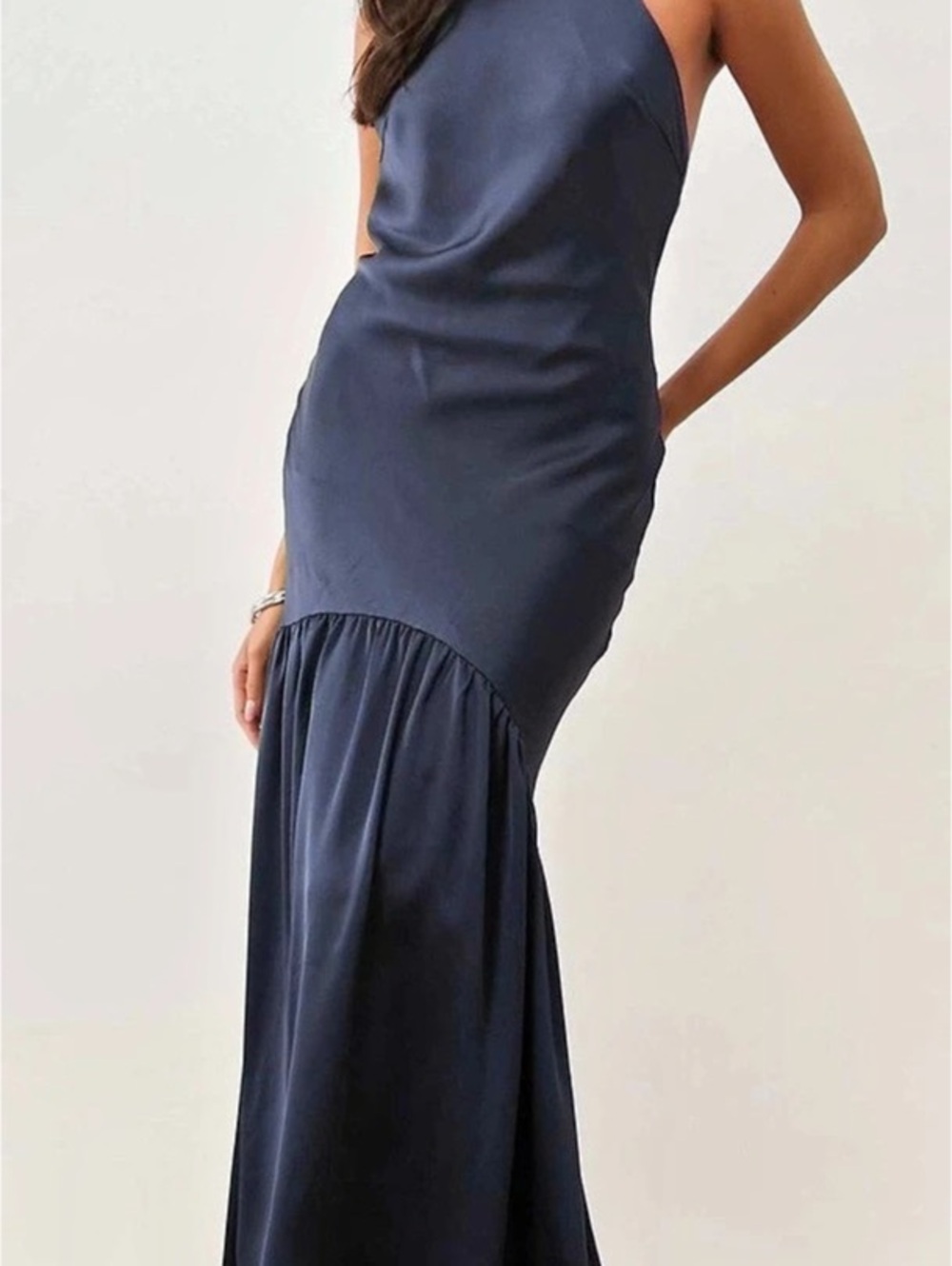 Pretty Lavish satin high halter neck bias backless maxi dress in navy